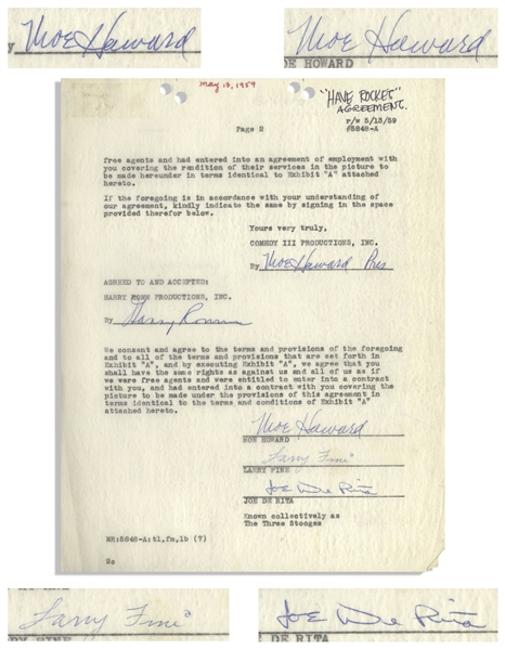 May 1959 Agreement Signed by Larry Fine, Joe DeRita & Twice-Signed by Moe Howard -- Agreement With Their Agent Harry Romm Measures 8.5'' x 11'' -- Page 2 Only, Else Near Fine